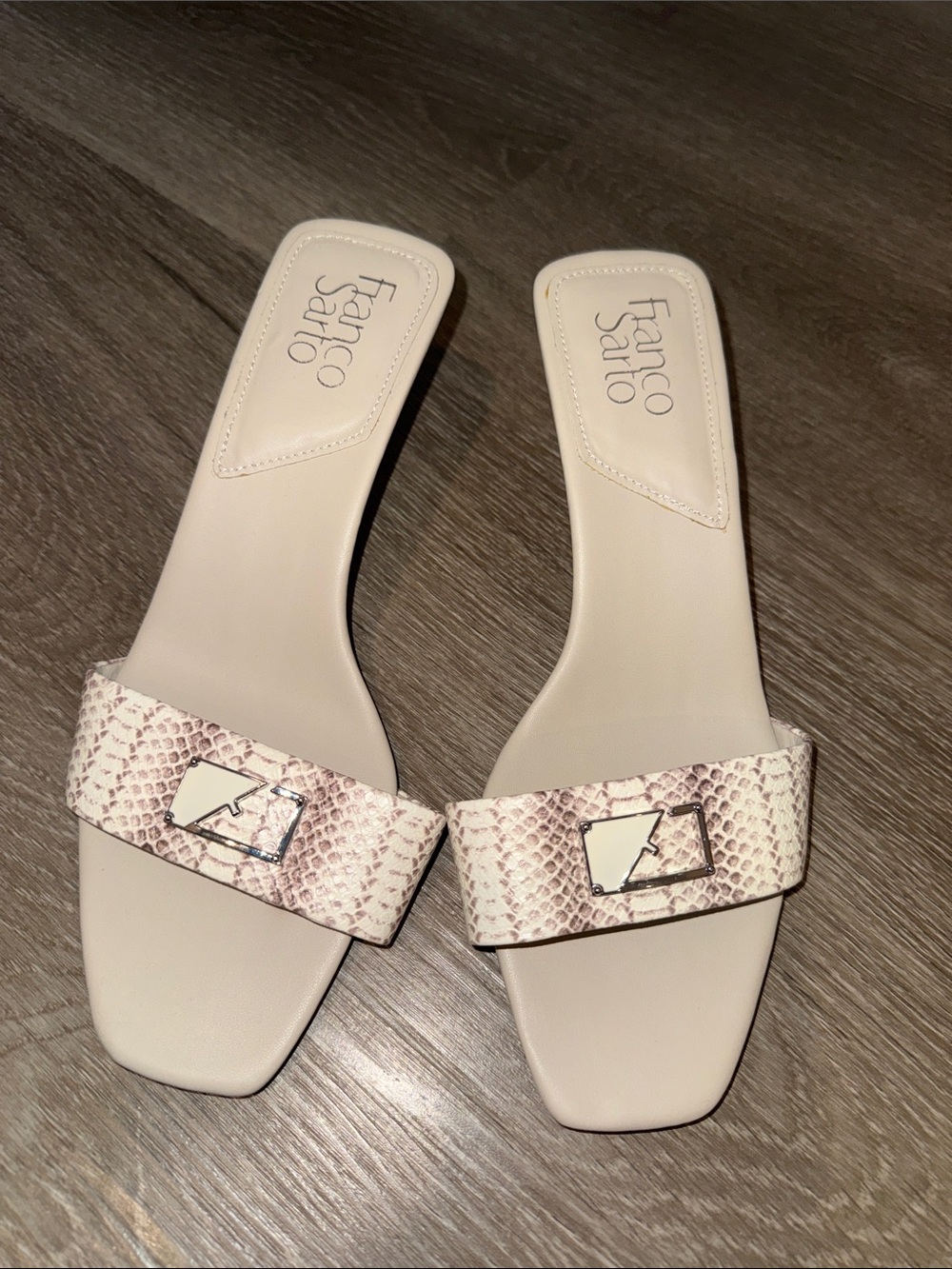 Franco Sarto Cream Snake-Print Slide Mules with Silver Buckle - Picture 1 of 2